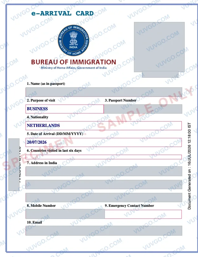 Sample India e-Arrival Card document — specimen