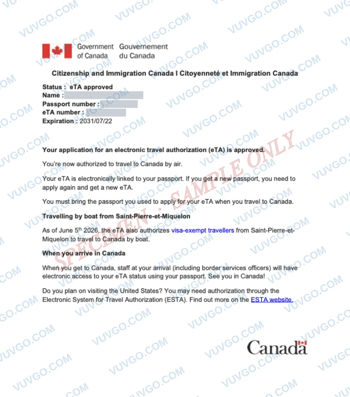Sample Canada eTA document — specimen