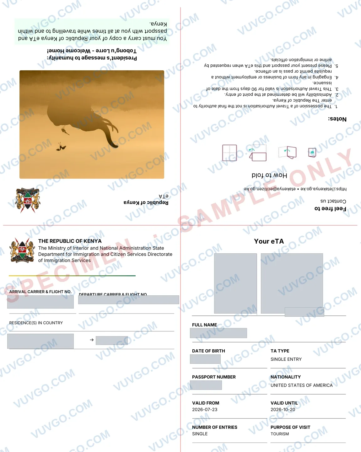 Sample The Republic of Kenya eTA document — specimen