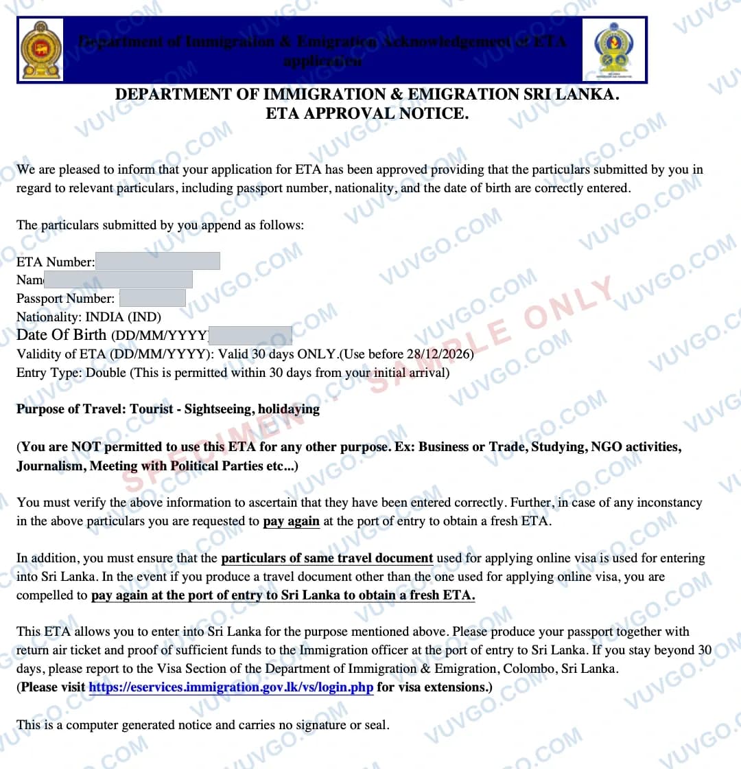 Sample Sri Lanka eTA document — specimen