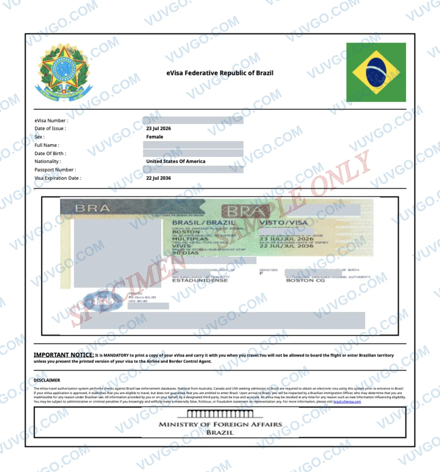 Sample Brazil eVisa document — specimen