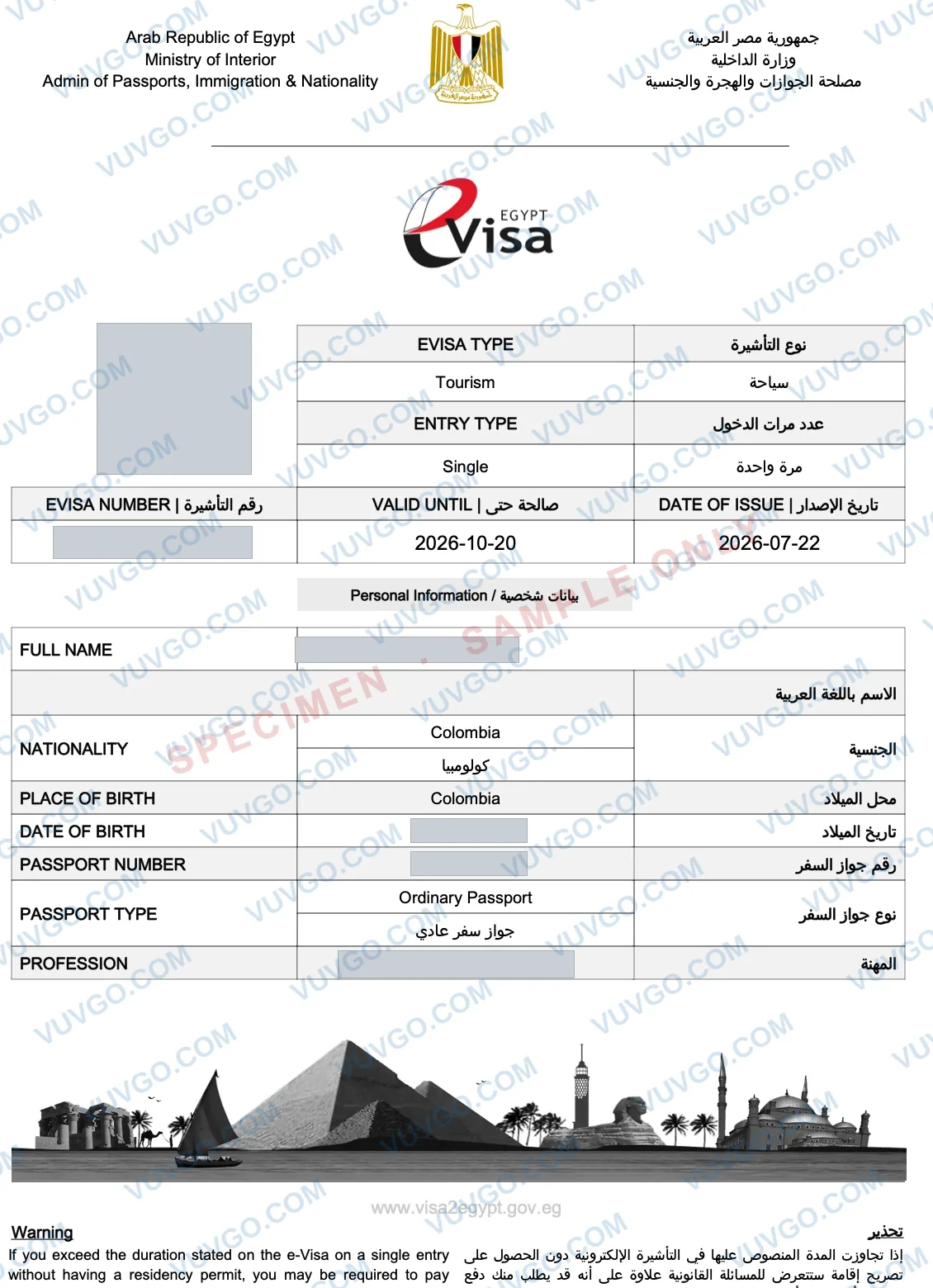 Sample Egypt eVisa document — specimen