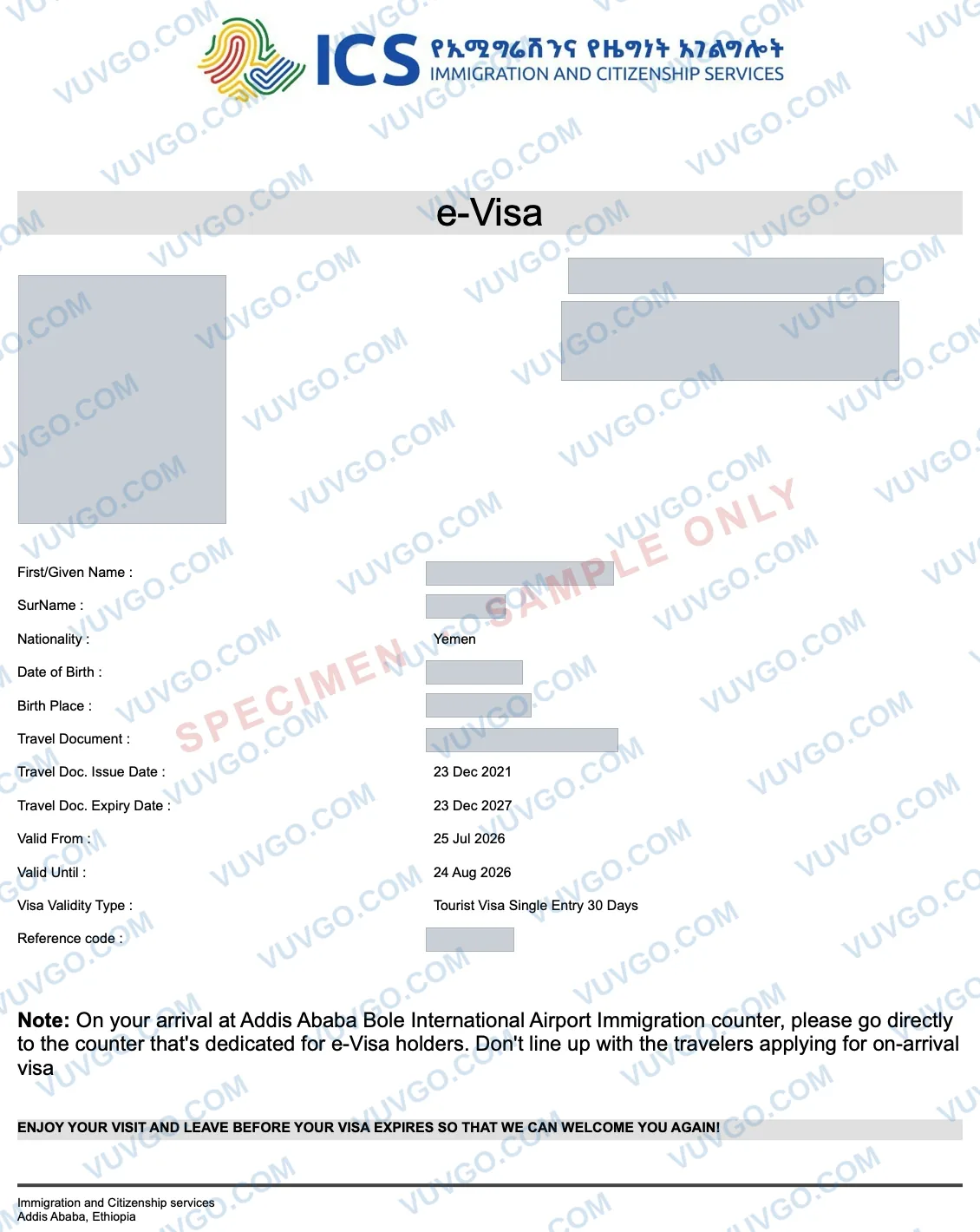 Sample Ethiopia eVisa document — specimen