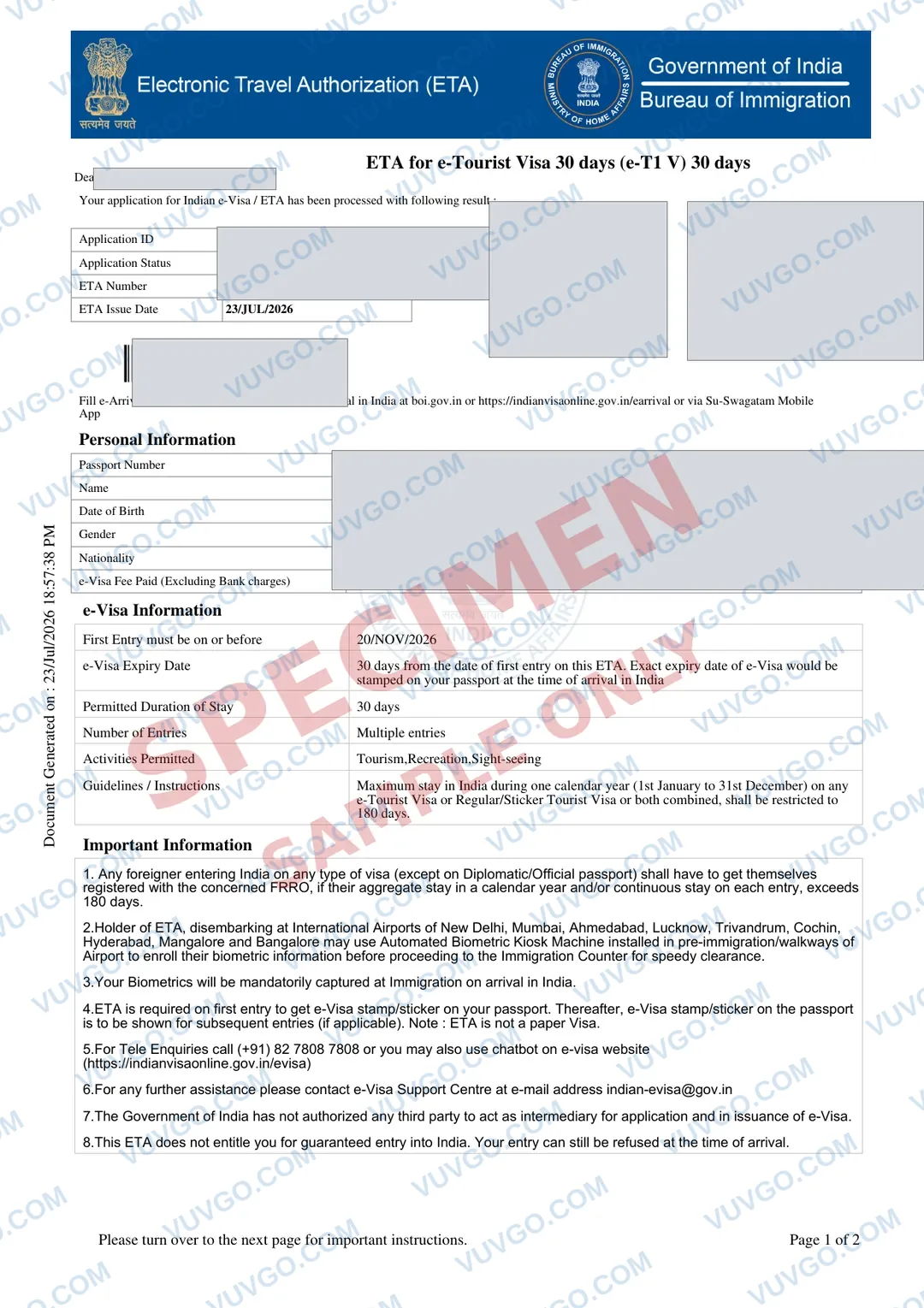 Sample India eVisa document — specimen