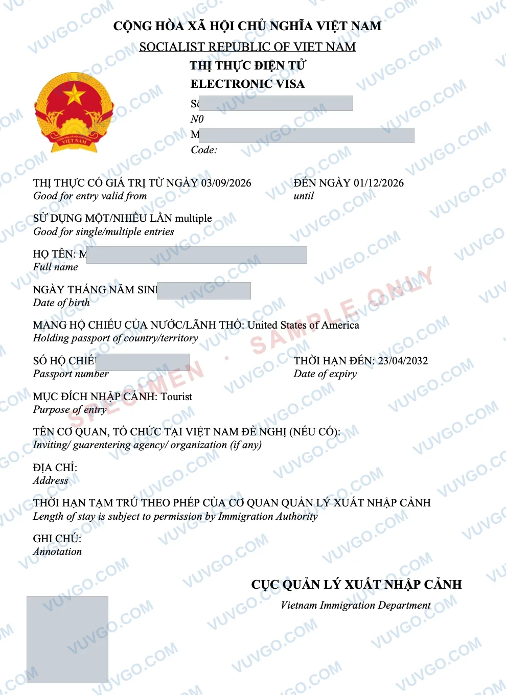 Sample Vietnam eVisa document — specimen