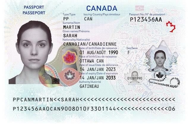 Specimen passport bio page — the whole page is in frame, flat, in focus and free of glare